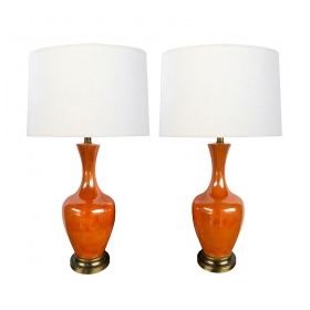 Vibrant Pair of 1960's Orange-glazed Bottle-form Lamps