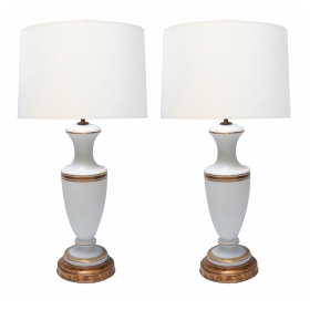 Pair of French 1960's White Frosted Glass Lamps with Gilt Highlights