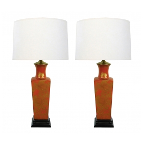 Good Pair of Chinese 1960's Red-orange Glazed Lamps with Gilt Decoration