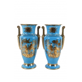 Pair of Empire Style Cerulean-glazed Porcelain Vases with Chinoiserie Motifs