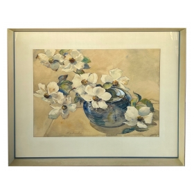 Watercolor on paper: Paul Immel (1896-1964) White Flowers in a Blue Bowl