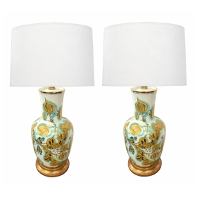 Pair of Italian 1950's Painted Porcelain Lamps Made for Marbro Lamp, Co., Los Angeles