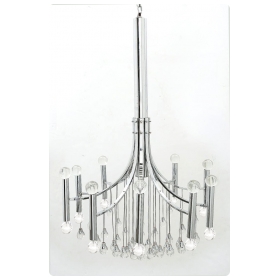 Large Italian 1970's Gaetano Sciolari Style Chrome Ten Light Chandelier with Glass Pendants