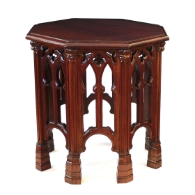  English Neo-Gothic Style Carved Solid Mahogany Octagonal Side/Drinks Table 