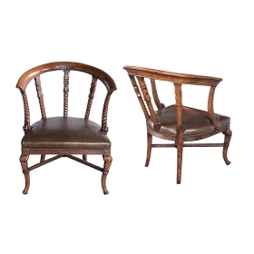 Pair of Antique Italian Open Barrel-back Armchairs with Leather Seats