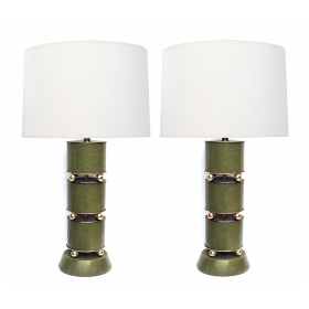 Stylish Mid-century Green Leather Clad Lamps with Brass Spheres