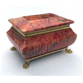 Well-figured Lidded Sarcophagus-shaped Coral-colored Marble Box with Gilt-bronze Mounts