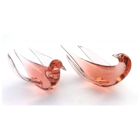 Pair Murano Midcentury Coral-colored Art Glass Birds