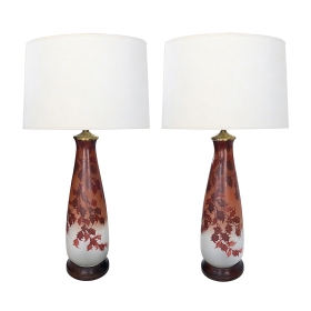 Large Pair of French Leune/Daum Enameled Vases as Lamps; Signed Leune