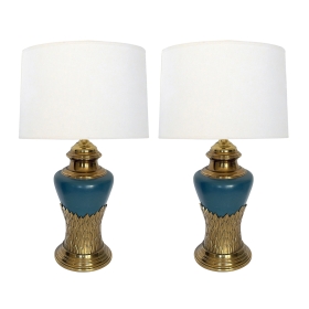 Pair of 1960's Steel-blue Ceramic Lamps with Brass Foliate Perimeter Band