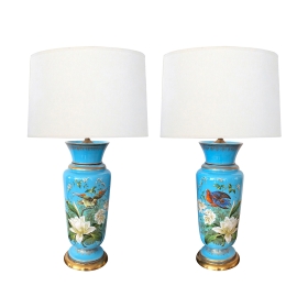 Fine Pair of French Cerulean Blue Opaline Lamps with Polychromed Decoration