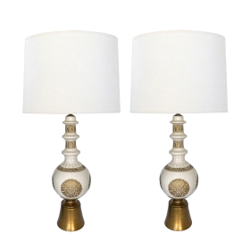 Tall and Striking Pair of Ivory Crackle-glaze Ceramic Baluster-form Lamps