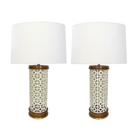 Pair of 1960's Reticulated Ivory Enameled-Metal Cylindrical-form Lamps 