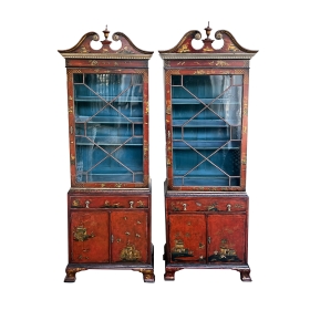 Pair of George III Style Scarlett Chinoiserie Decorated Display Cabinets
