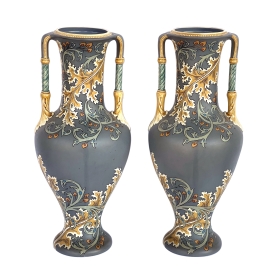 Pair of Art Nouveau Mettlach Pottery Vases  with Incised Markings to Underside