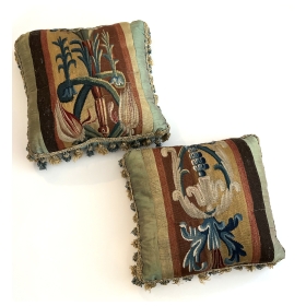 A Pair of Antique 18th Century European Tapestry Pillows With Tassels