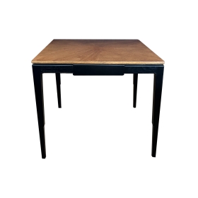 Mid-century Baker ebonized and oak two-drawer game table, front view