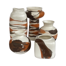 Set of 5 Royal Haeger Pottery Vases with Brown and Russet Drip Glaze on an Ivory Ground