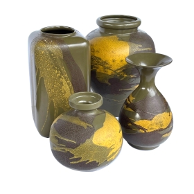 Set of 4 Royal Haeger Pottery Vessels with Yellow and Brown Drip Glaze on an Olive Green Ground