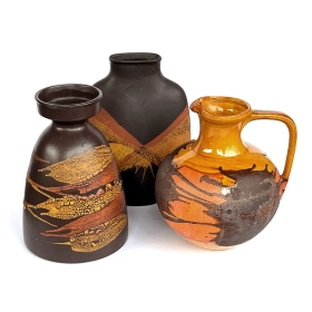 Set of 3 Royal Haeger Pottery Vessels with Brown, Ochre and Orange Glaze