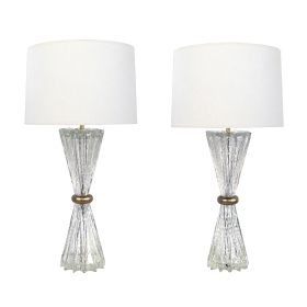 Shapely Pair of Murano Barovier & Toso Clear Bullicante Lamps with Pinched Mid-section 