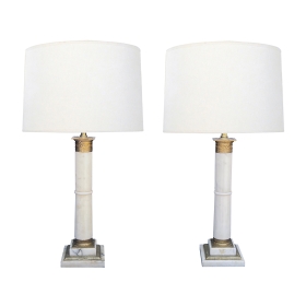 Pair of Italian 1950s Neoclassical Style Carrera Marble Columnar Lamps