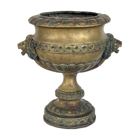 A French Louis XVI Style Brass Pedestal Urn with Lion Mask Handles 