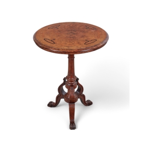 Full view of English burl walnut tripod occasional table