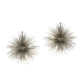 "Pair of Jean de Merry Sputnik chandeliers with nickel-plated spikes on white background"