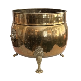 Large English Brass Tripod Coal Bucket with Lion Ring Handles and Paw Feet