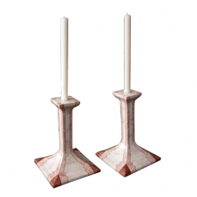a striking and large-scaled pair of american 1980's stone and marble-veneered candlesticks with brass stringing by maitland smith
