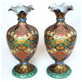 a vibrant and unusual pair of kashmiri papier mâché polychromed urns