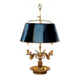 a good quality and large-scaled french empire style gilt-bronze 3-light bouillotte lamp with adjustable tole shade; stamped 'made in france'