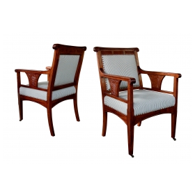 a rare pair of french art nouveau carved mahogany armchairs