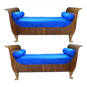 handsome and good quality pair of french empire walnut sleigh/day beds with giltwood hairy paw feet