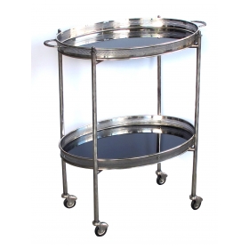 an elegant french mid-century nickel-plated oval-form drinks/bar cart with black glass trays