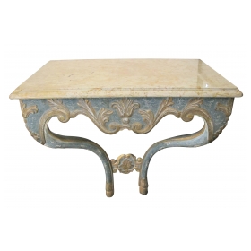 elegant custom-made italian baroque style aqua and ochre painted console table with marble top