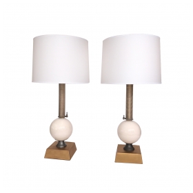 a pair of american custom-made industrial style metal and porcelain lamps