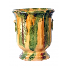 robust pair of french anduze style pottery garden pots with yellow, green and brown drip-glaze (2 available)