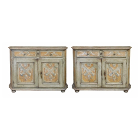 Pair Italian Baroque Polychrome Painted Credenzas