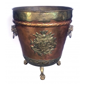 Massive English Brass and Copper Log Bin with Armorial Crests