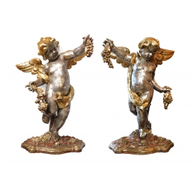 Large Pair of Roman Rococo Carved Giltwood Putti Harvesting Grapes