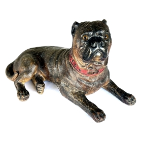 An Austrian Painted Terracotta Model of a Recumbent Bull Dog