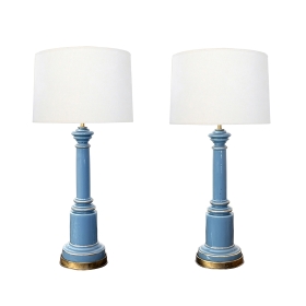Pair of Wilmar Lamp Co. blue glass lamps with white shades, shown on white background at epoca