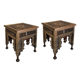 A Grand Pair of Moorish Inlaid Square Side/End Tables