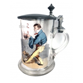 German Lidded Glass Beer Stein with a Man Bowling