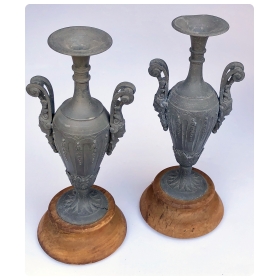  elegant pair of french neoclassical style double-handled spelter-metal urns