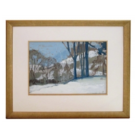 gouache on paper of an atmospheric wintry forest scene signed Robb Beebe