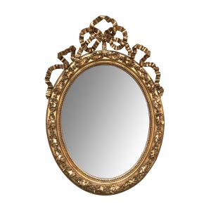 A French Napoleon III Giltwood and Composite Oval Mirror with Ribbon Crest and Oak Leaf Border