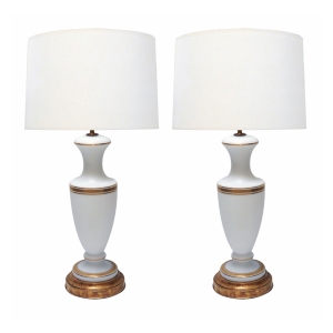 Pair of French 1960's White Frosted Glass Lamps with Gilt Highlights